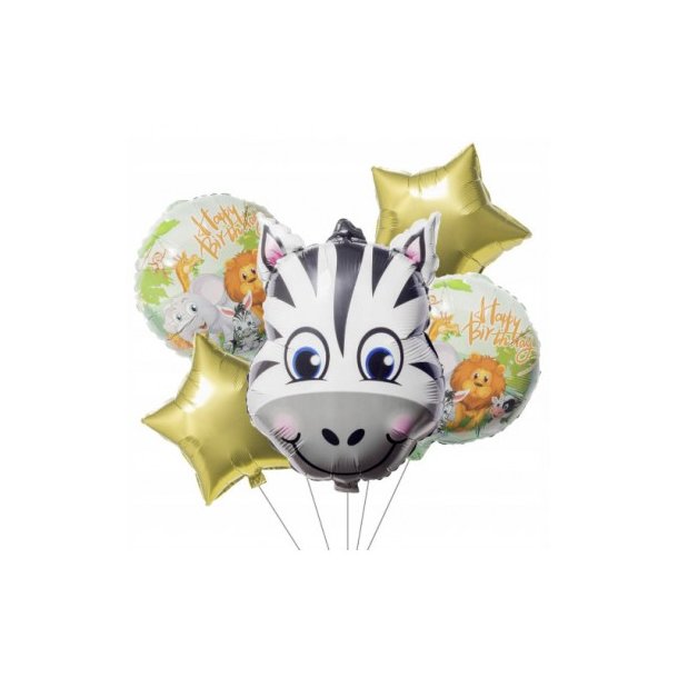 Safari Folie balloner m. Zebra, 5 stk